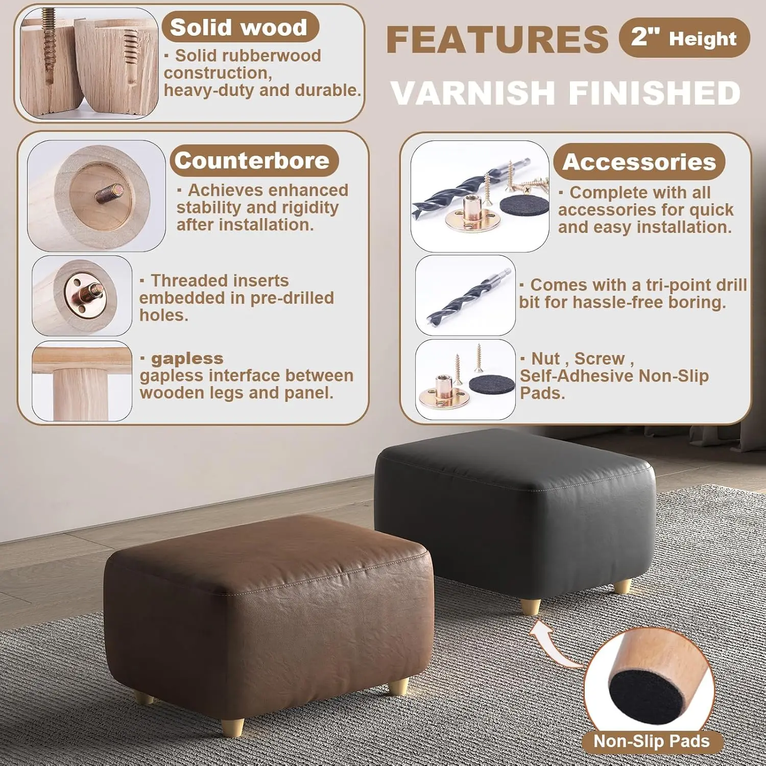 Kaki Meja Kayu Generik 2 Inci, Kaki Sofa, Paket 4 Kaki Bulat, Pengganti Kaki untuk Meja Kopi, Lemari, Sofa