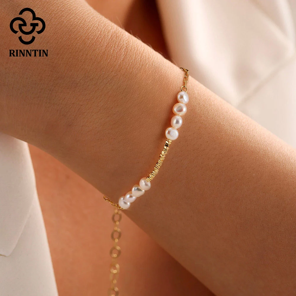 

Rinntin 14K Gold Plated Exquisite Baroque Pearl Bracelet Paperclip Chain Temperament Simple Charm Bracelet Women's Jewelry GPB37