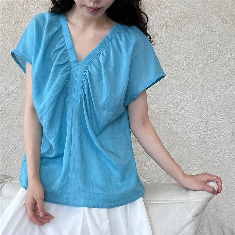 

Summer new casual linen short sleeve V-neck shirt women