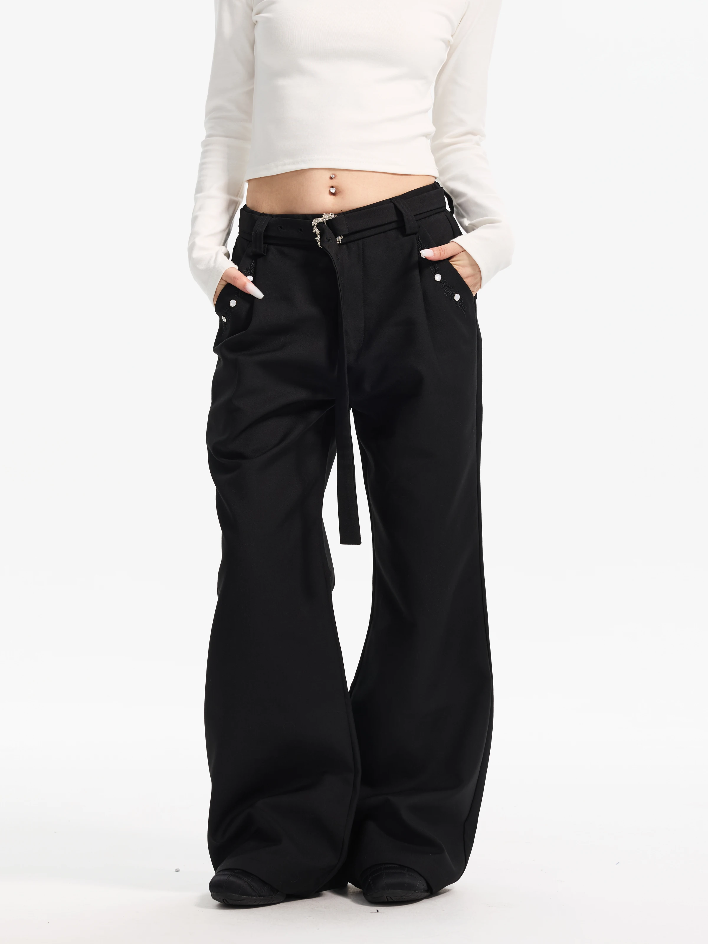 Yeboon American Style Embroidered Loose Wide Leg Pants High Waist Trousers for Women Men Cleanfit Cotton Polyester Blend