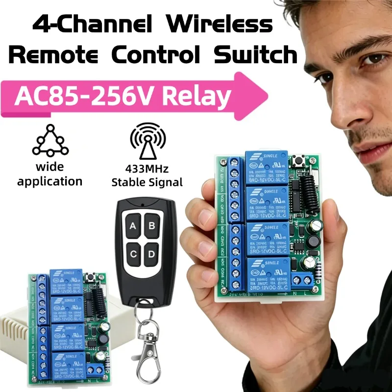 AC220V 110V 10A 4CH Wireless Remote Control Switch Relay Receiving Module and 4-channel RF433MHz Remote Control Transmission