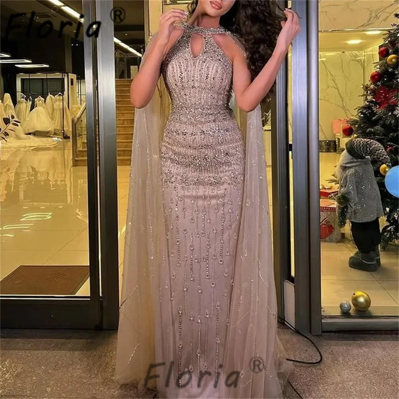 Couture Dubai Crystals Bead Mermaid Prom Dress Sparkly Sequined Evening Gowns Customized Long Cape Wedding Party Dresses 2025