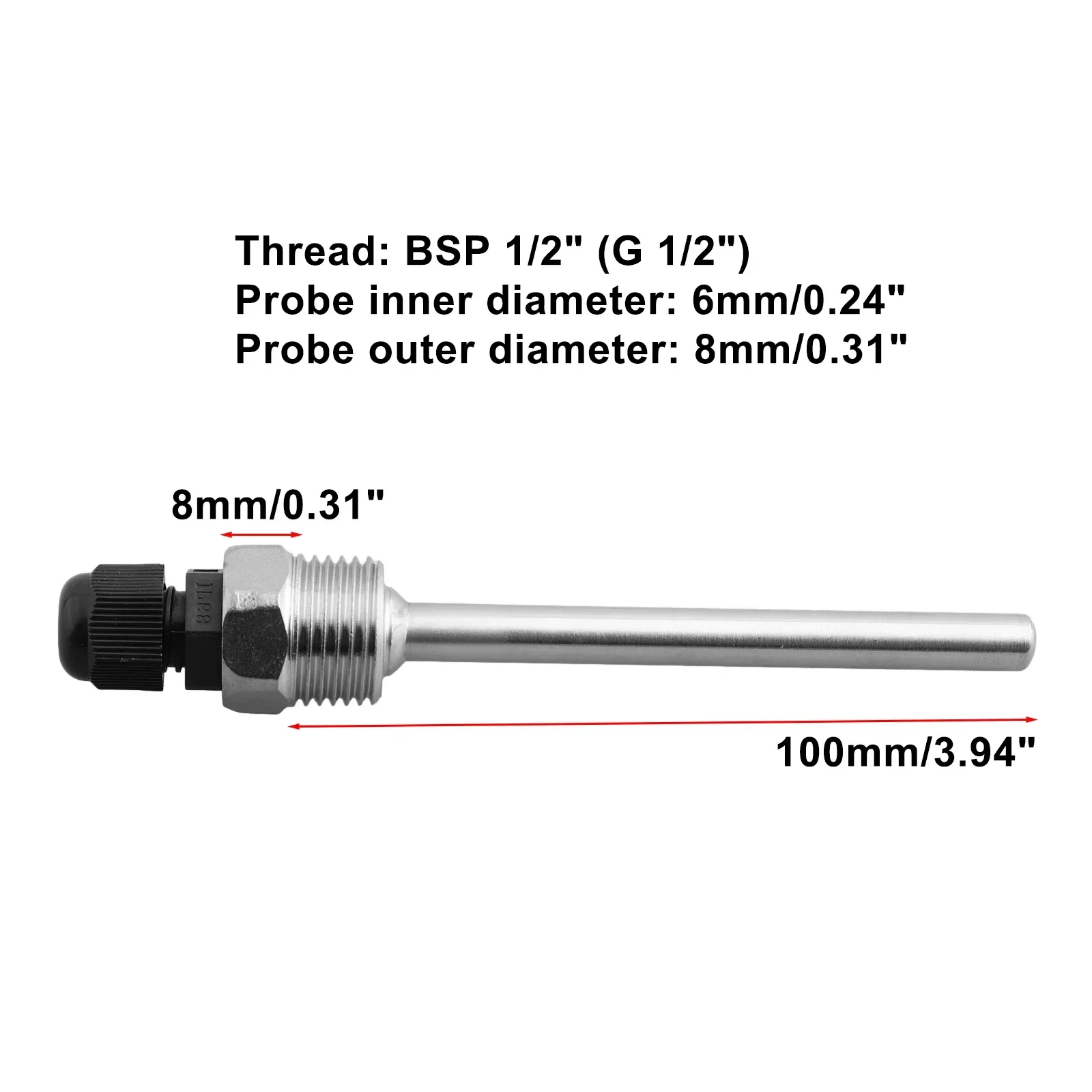 30-200mm Thermowell 304 Stainless Steel 1/2 For BSP G Thread Immersion Sleeve Pocket For Temperature Sensor Home Accessories