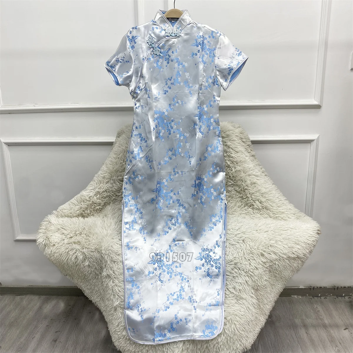 New Chinese Style Cheongsams Women Long Qipao Jacquard Flower Chinese Dress Split Vestidos Satin Cheongsam Bigsize 3Xl-6Xl