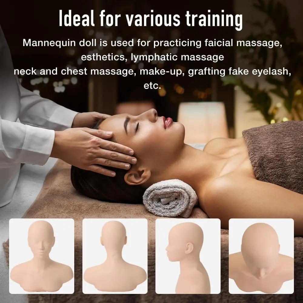 Esthetics Mannequin Head with Shoulder, Soft Human Mannequin Head for Makeup, Facial, Massage, Lash Extensions Practice, Wig