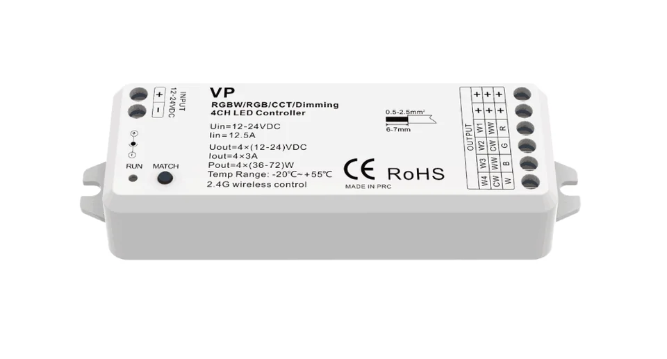 VP RGBW/RGB/CCT/atenuación 4 canales RGBW LED controlador RF 12V-24V CC voltaje constante 4 en 1 2,4G receptor inalámbrico RF RT9 remoto