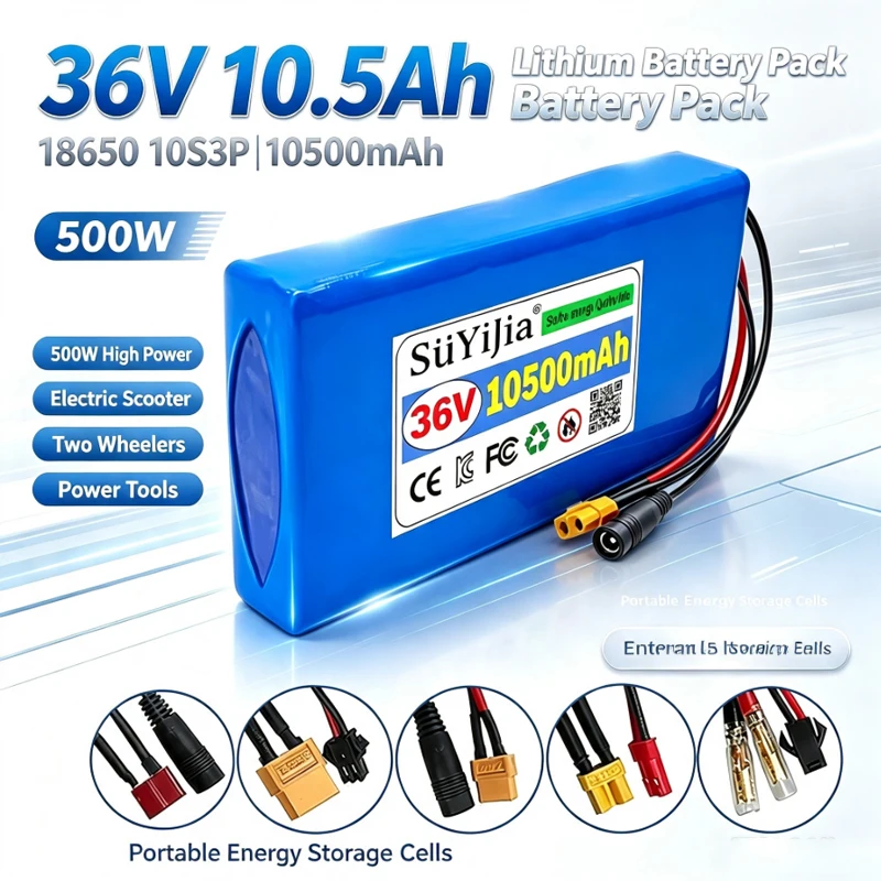 36V 10.5Ah Lithium Battery Pack 18650 10S3P 10500mAh 500W High Power Electric Scooter Two Wheelers Power Tools Portable Cells