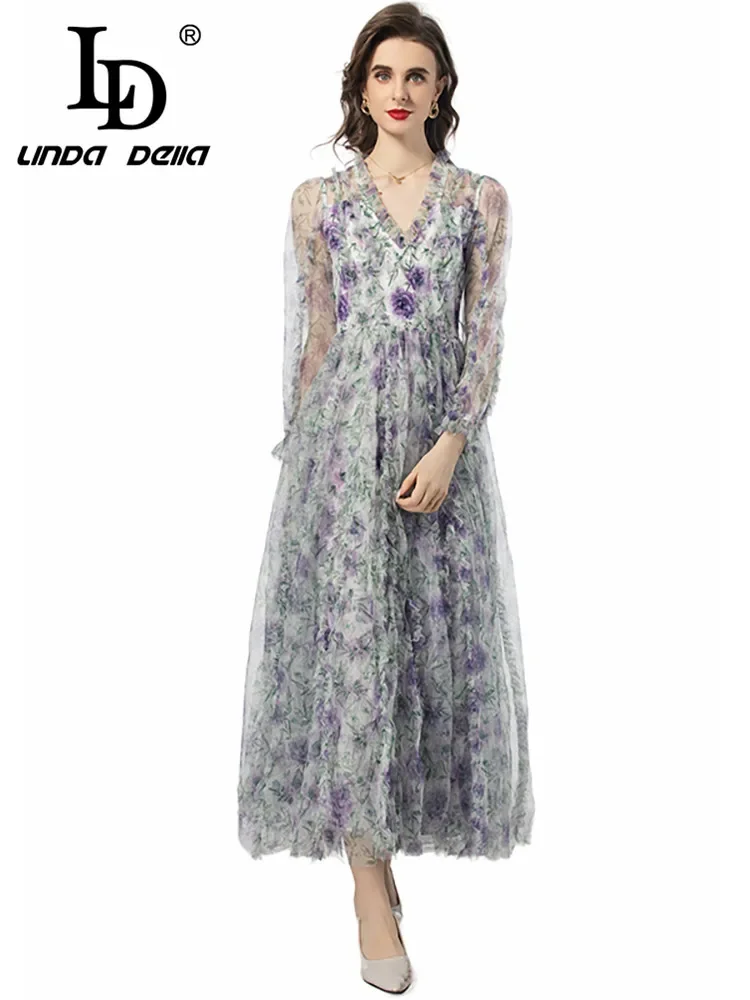 

LD LINDA DELLA 2024 Summer Luxury Dress Women's Bohemian Floral Print Net Yarn Ruffles Heavy Diamond Nail Bead Elegant Dresses