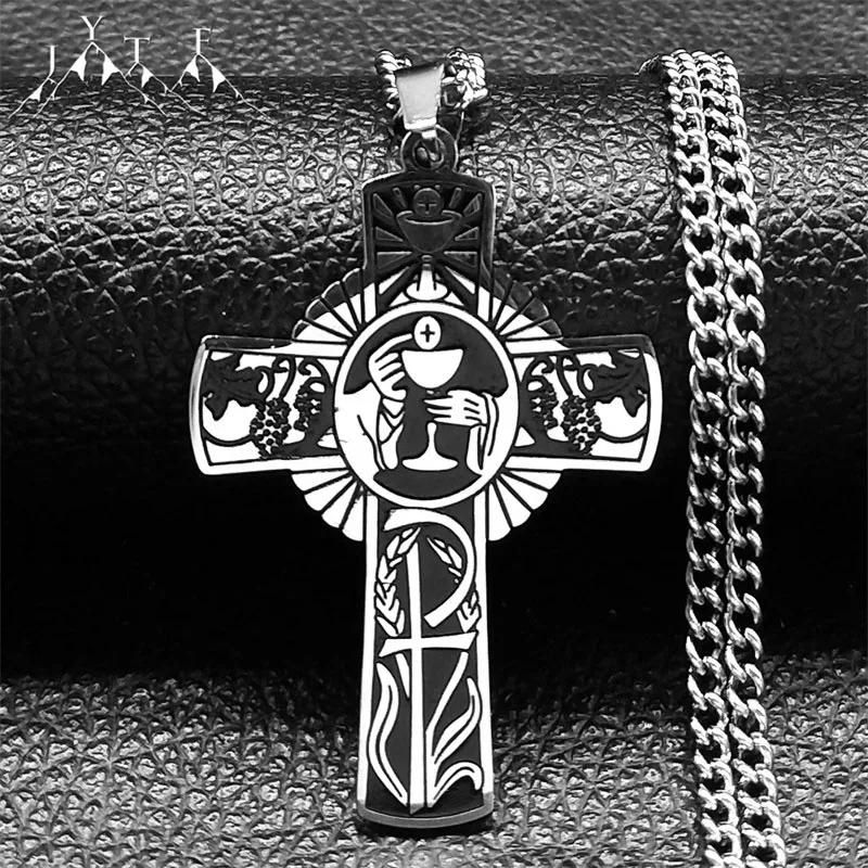 The Christian Faith Cross Pendant Necklace for Women Men Stainless Steel Eucharist Holy Communion Cross Necklaces Jewelry Gifts