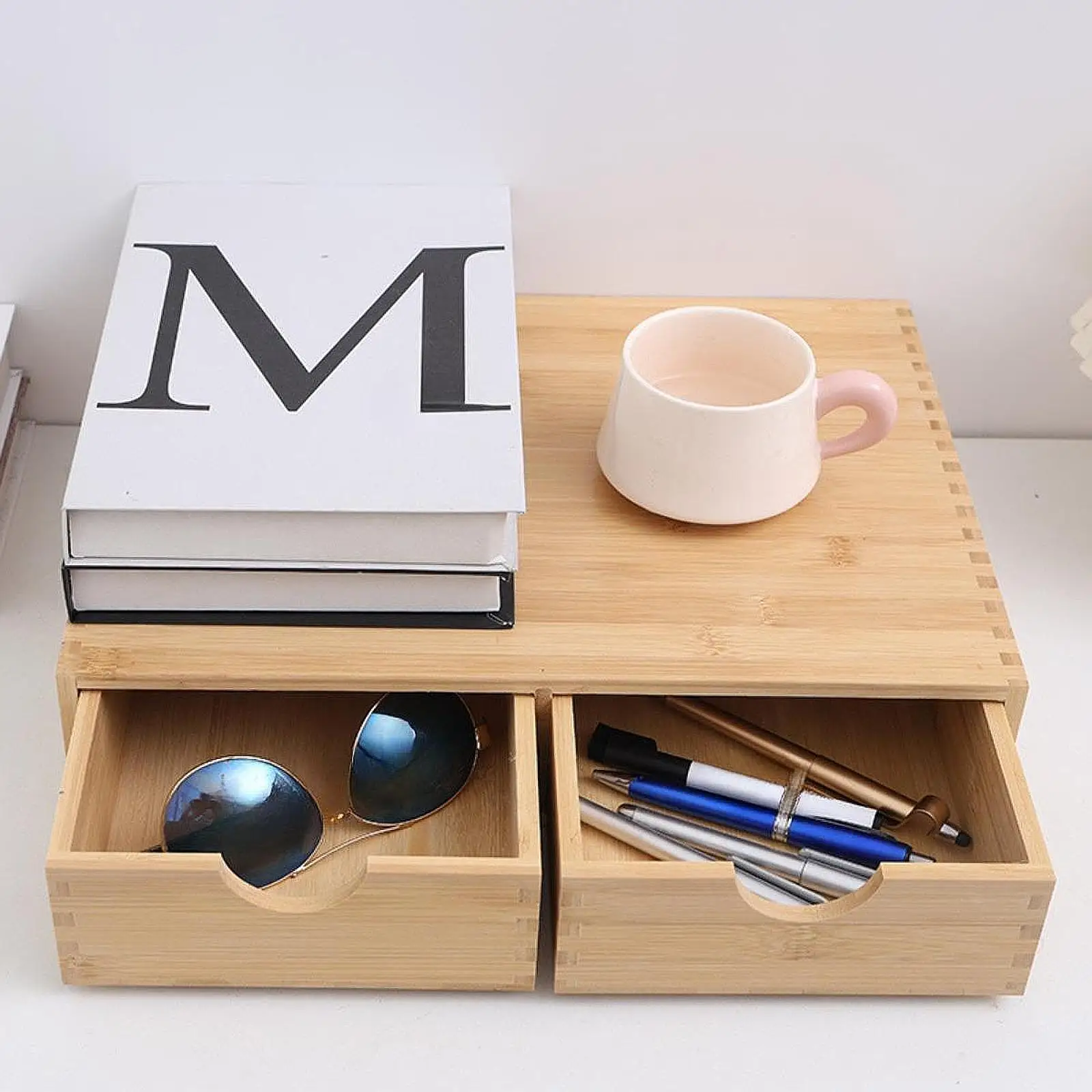 Capsule Storage Organizer Cup Holder with 2 Drawers Home Decor Bamboo Drawer for