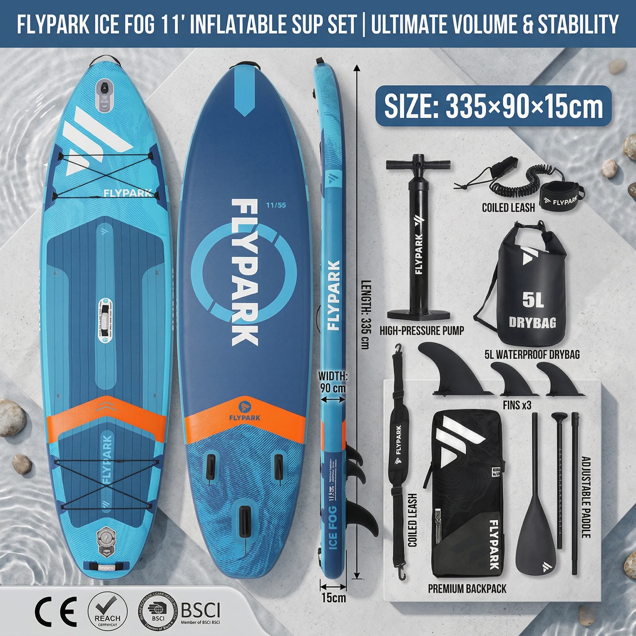 Planche de paddle gonflable FLYPARK 11FT extra large 35 pouces, stabilité ultime, ensemble complet ISUP, sac étanche 5L, planche de SUP de randonnée