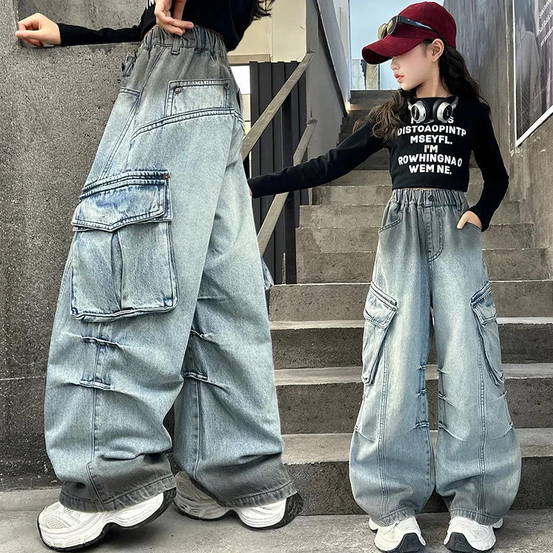 Teens Girls Wide Leg Cargo Jeans 2026 Autumn Fashion Kids Casual Denim Pants School Young Children Straight Baggy Trousers 4-14Y