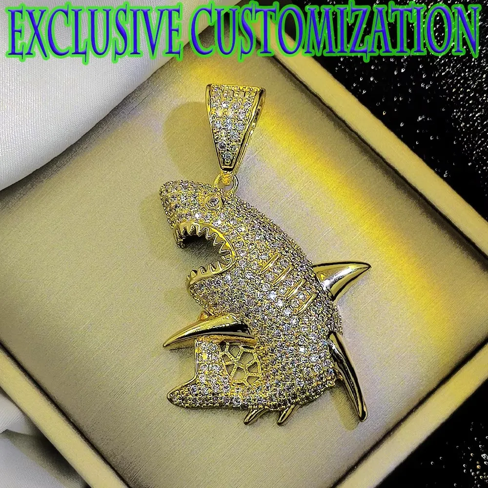 Newly customized fashionable gold necklace with diamond Ocean Overlord shark pendant, plated with 18K gold, hip-hop trend