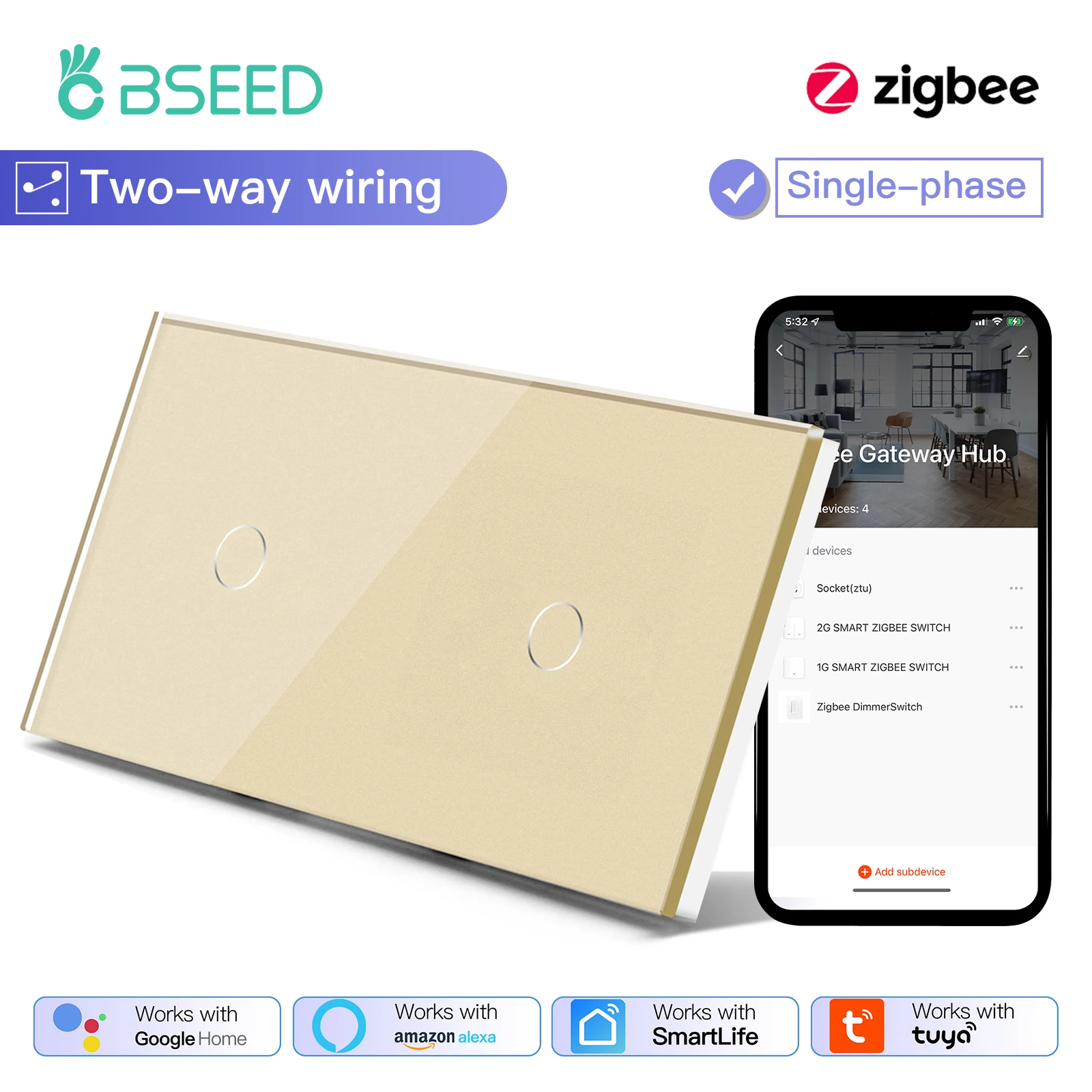 BSEED Smart Zigbee Touch Lichtschakelaar 1/2/3Gang Muur Touch Schakelaar 2Way Draad Compatibel met Smart Leven Alexa Google Thuis
