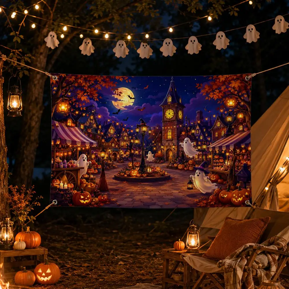 Cartoon Halloween Night Fantasy Flags Spooky Halloween Wall Hanging Banner Washable Fade‑Resistant Indoor Outdoor Party Decor