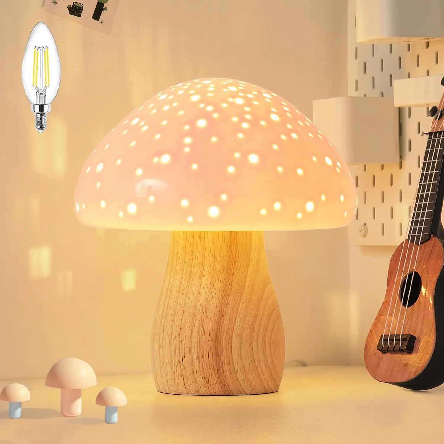 

Ceramic Mushroom Table Lamp with LED Bulb, Vintage Night Light for Bedroom Living Room Decor, Pink