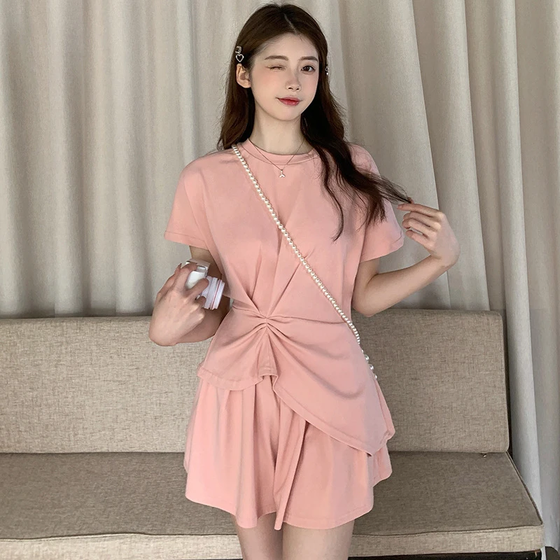 Large Size Casual Sports Two-Piece Set For Women's Clothing Irregular Short Sleeved O-Neck T-shirt+Solid Shorts Home Wear Suit