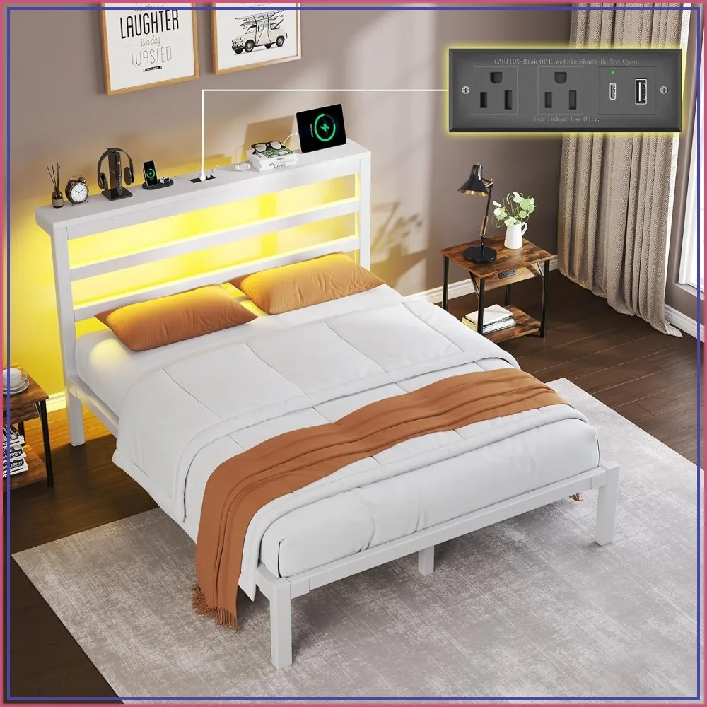 E-Motie Full Bed Frame with Storage Shelf and LED Headboard, White