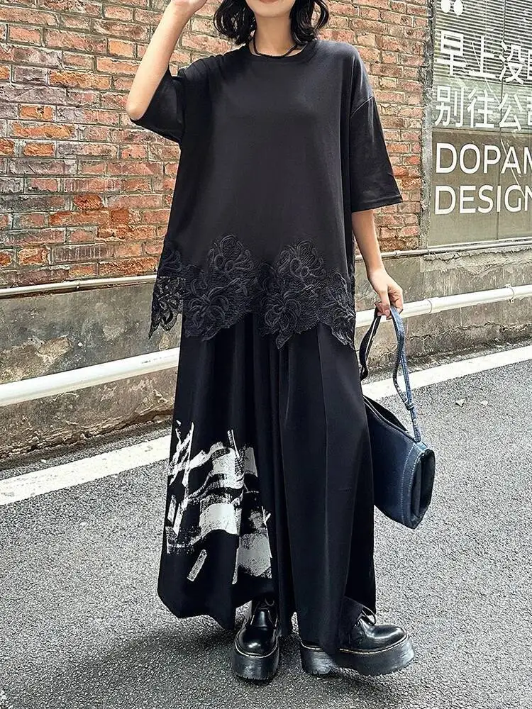 Elastic Waist High Pattern Printed Long Wide Leg Pants New Trousers Women Fashion Spring Autumn 2026 Black 1DJVA