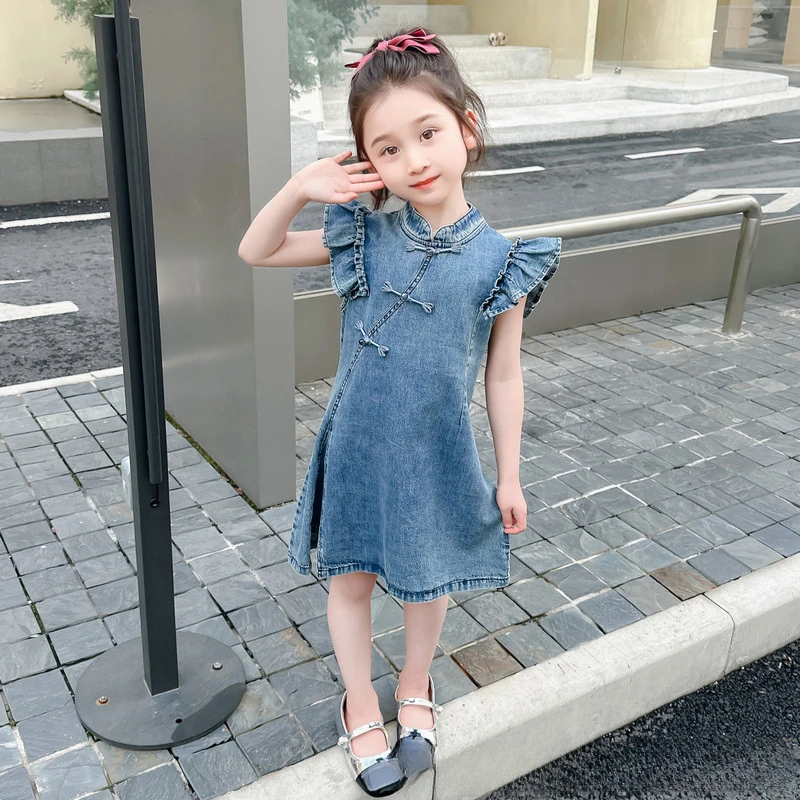 

Girls National Style Cheongsam Dress Summer Childrens New Chinese Cowboy Skirt 2024 New Fried Street Girl Baby Casual Dress