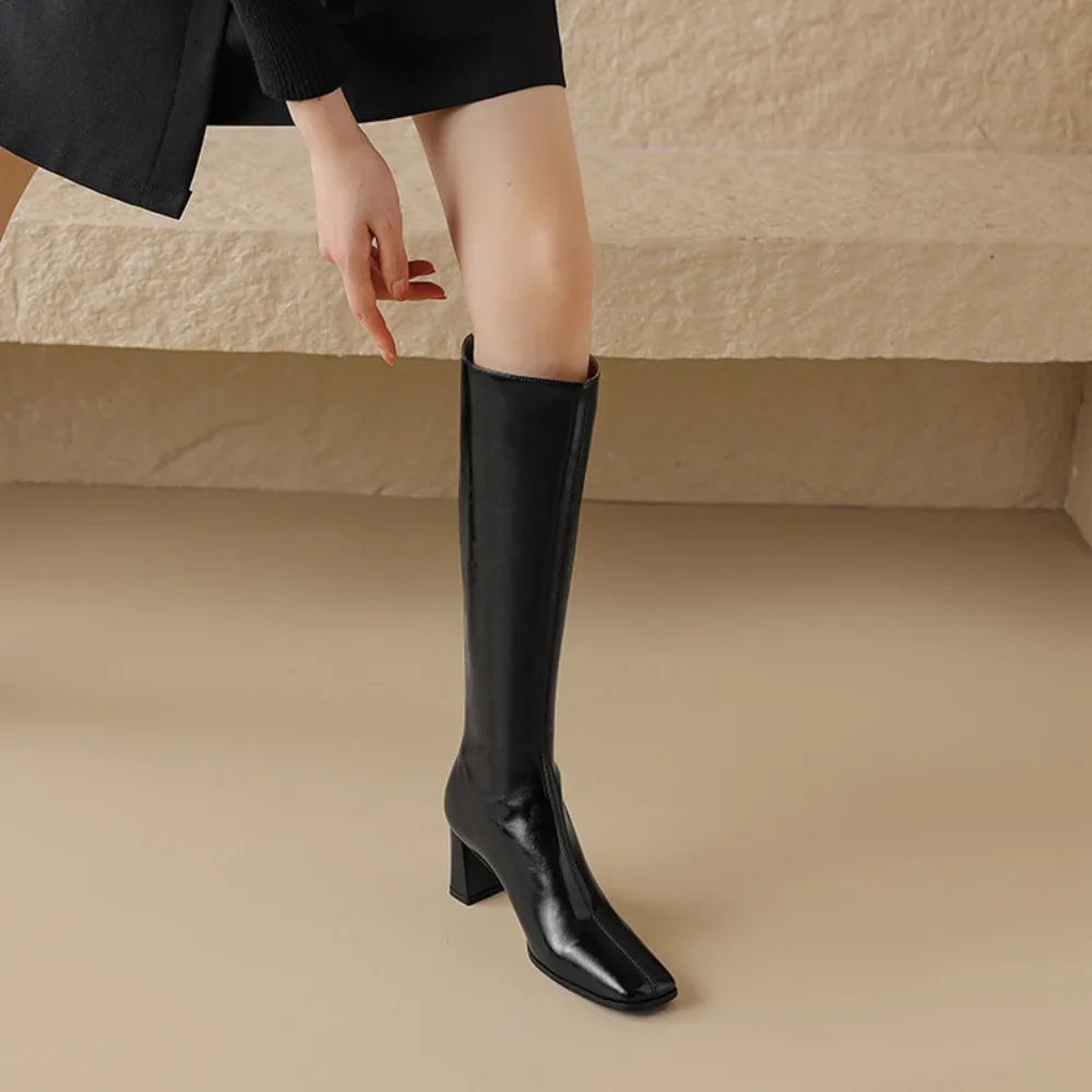 Women Straight Boots Vintage Cow Leather Long Knight Boot Square Heel Knee High Boots Zipper British Style Winter Female Shoes