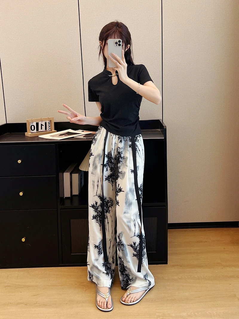 Summer Two-piece Set For Women Cotton T-shirt Tops And Printed Wide Leg Pants Female Large Size Casual Black Loose Matching Suit