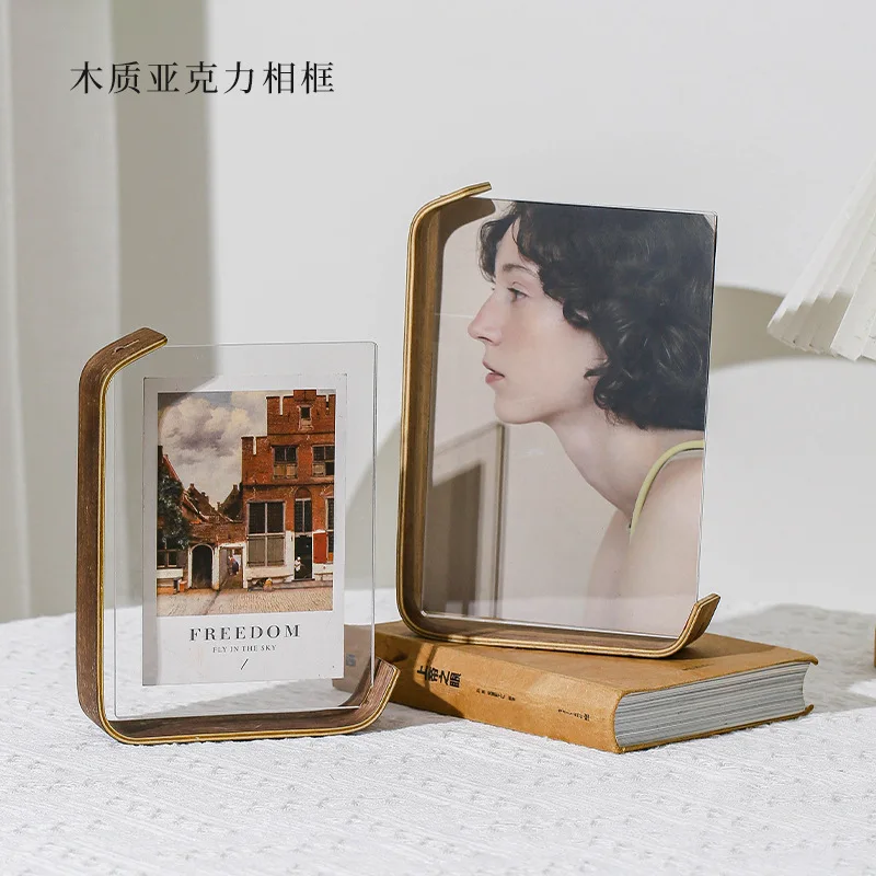 Wooden Clear Acrylic Dual-Sided Photo Frame Curved Desktop Decor for Showcasing Leaf Specimens and Personal Photos