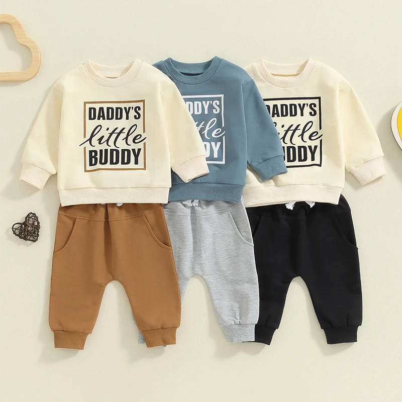 

Toddler Baby Boy Fall Winter Outfit Clothes 2Pcs Long Sleeve Sweatshirt Pullover Tops Jumper Solid Color Elastic Pants Sets