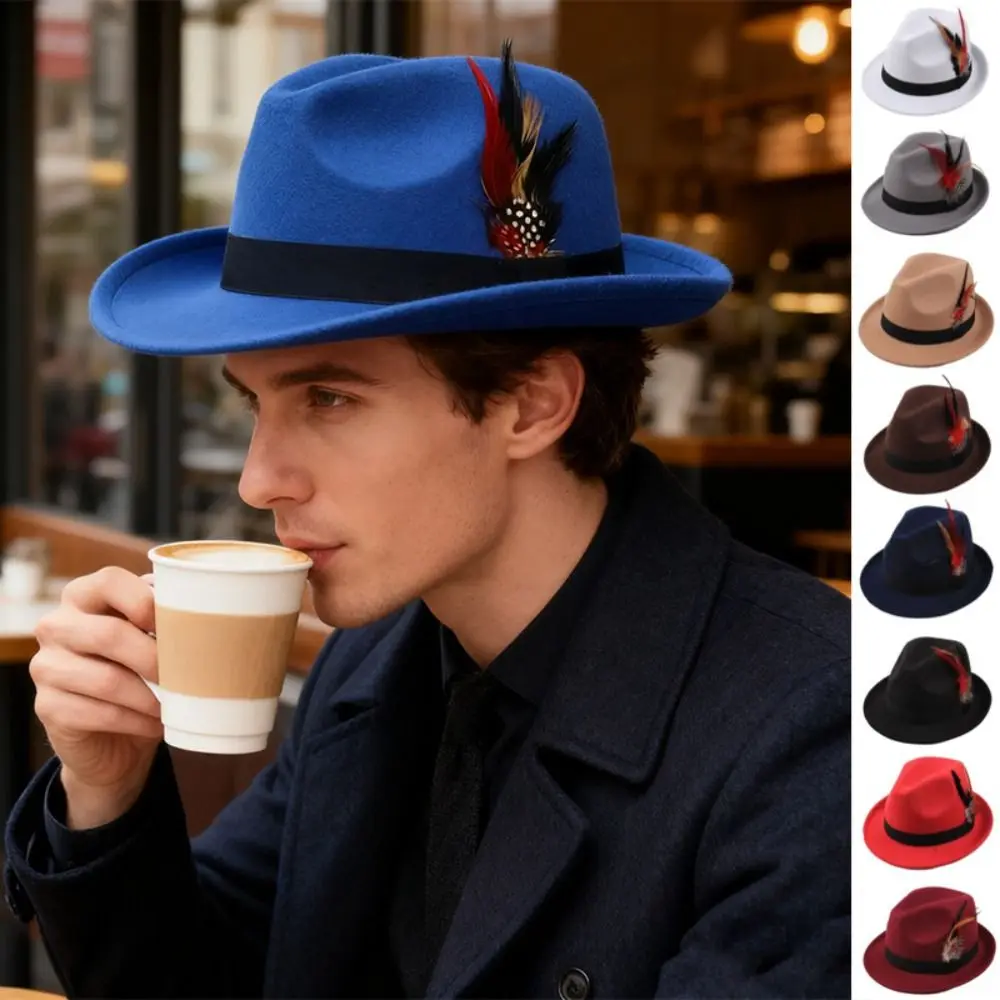 Sombrero Fedora Clásico con Adornos de Plumas, Sombrero Fedora, Sombrero Tipo Cubo Jazz, Sombrero Panamá, Sombrero de Lana, Accesorios de Disfraces