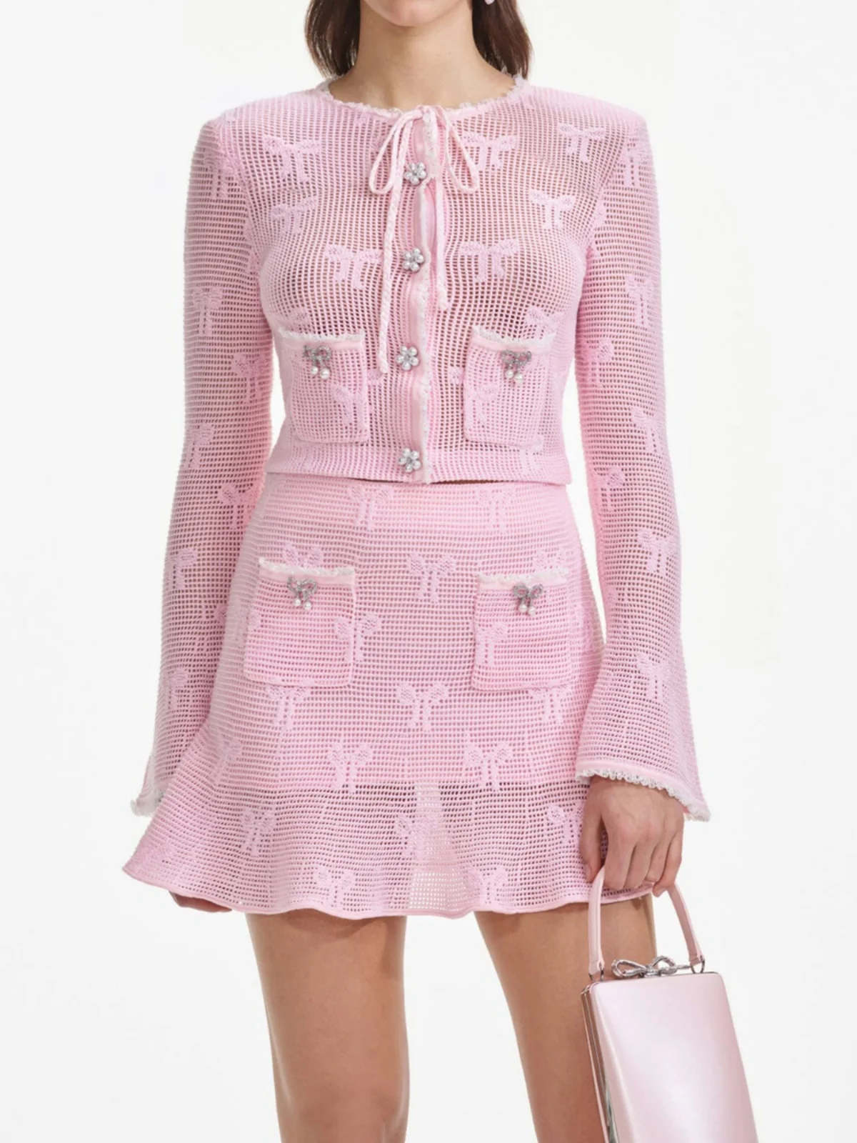 

Spring Faion Knitted Top And Skirt Set with Embroidery High End Women's Wear by SP Home South Oil round Ne Button Closure