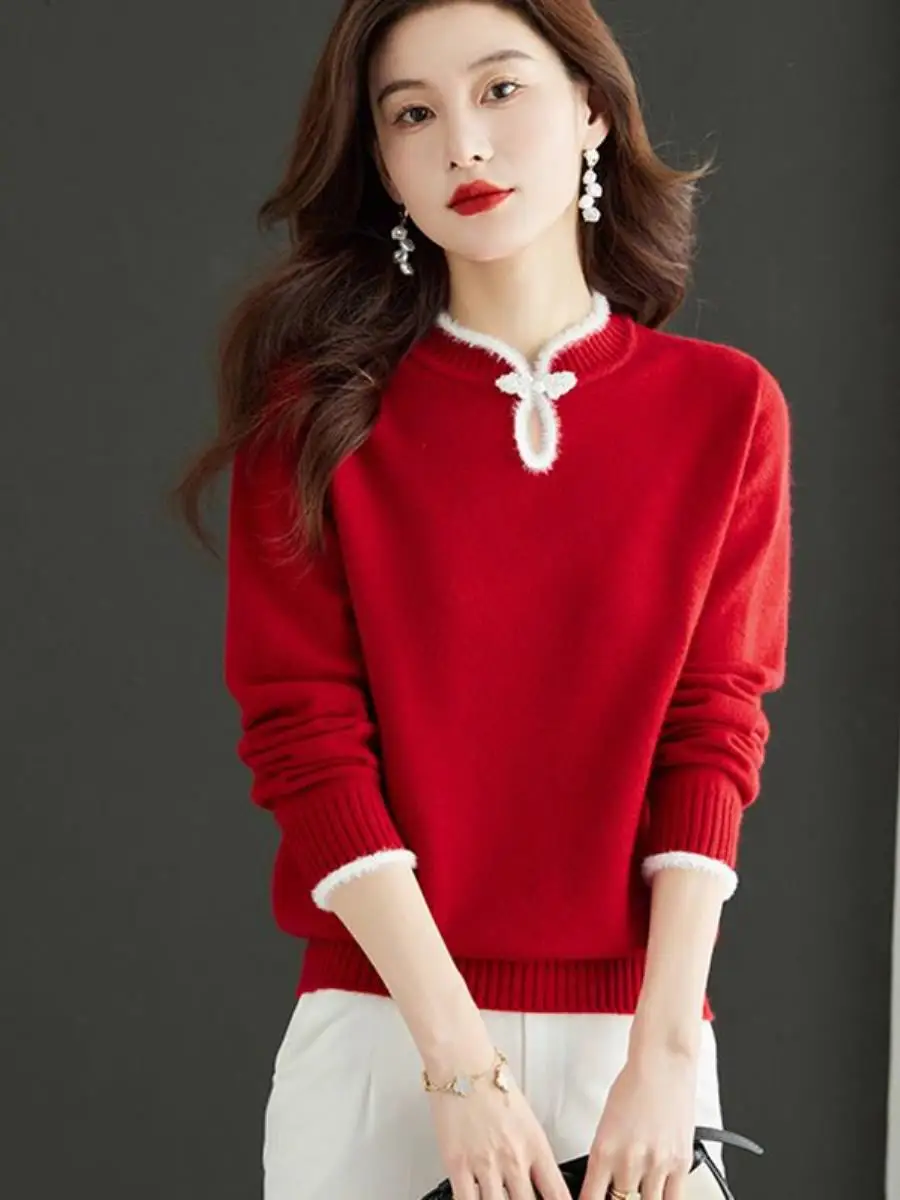 nouveau-pull-rouge-style-chinois-2026-pour-femme-vetement-d'interieur-automne-hiver-haut-de-celebration-du-nouvel-an-avec-pochette-carree-et-cravate