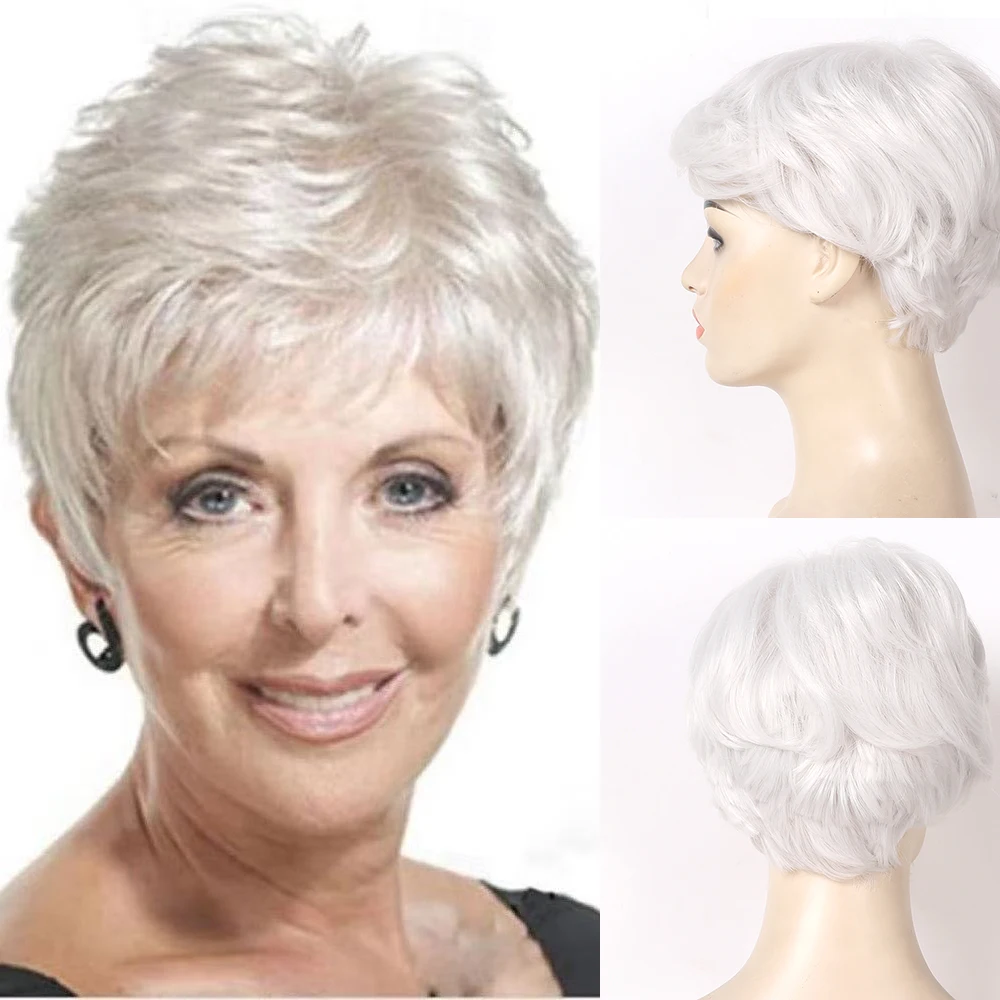 HAIRJOY Pelucas cortas de pelo sintético blanco con flequillo para mujeres, pelucas esponjosas en capas, pelucas resistentes al calor para madres y abuelas