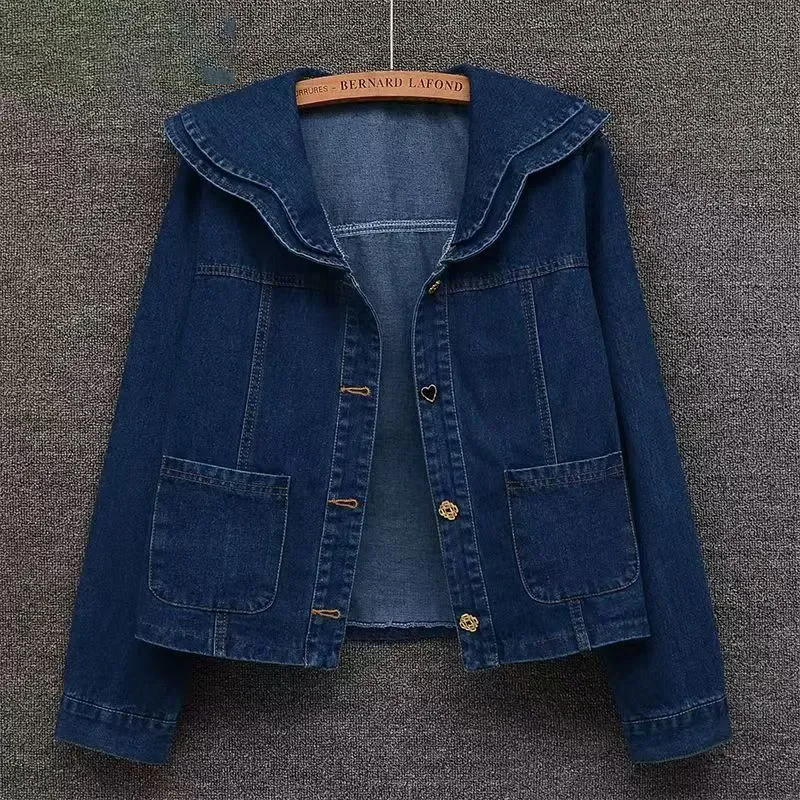 Spring Autumn French Doll Collar Denim Jacket Women's Short Outwear Loose Korean Long Sleeve Jeans Jackets Tops JJ301