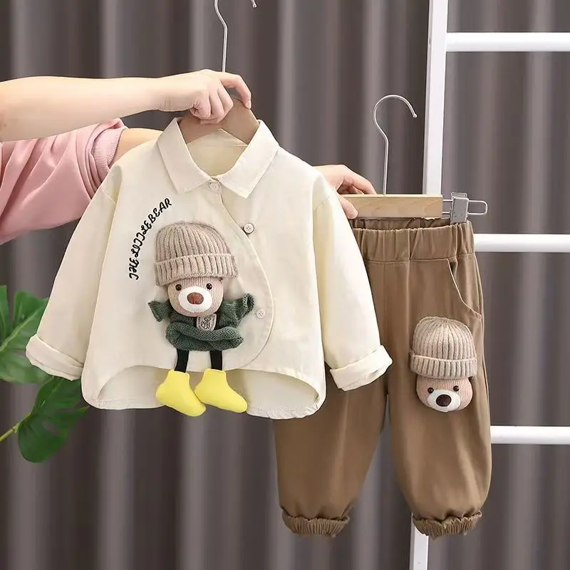 Baby-Jungen-Teddybär-Puppen-2-teiliges-Outfit-Set, Hemd und Hose, Herbstkleidung für Kleinkinder, Baumwollmischung, langärmelig, Größe 80-120 – Detail 3