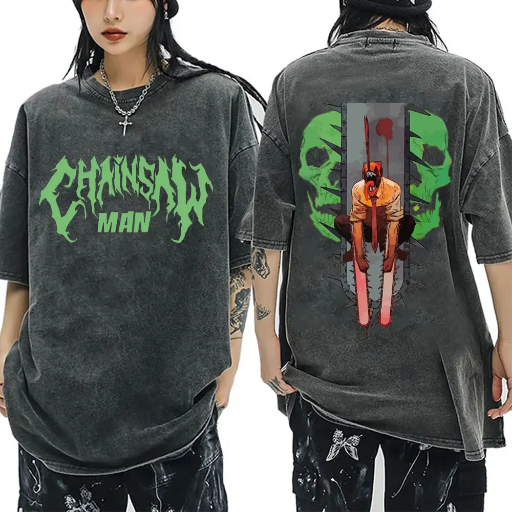 Anime Chainsaw Man Denji Pochita Washed Vintage T-shirt Men Women Fashion Oversized Tee Shirt Men's Manga High Quality T Shirts