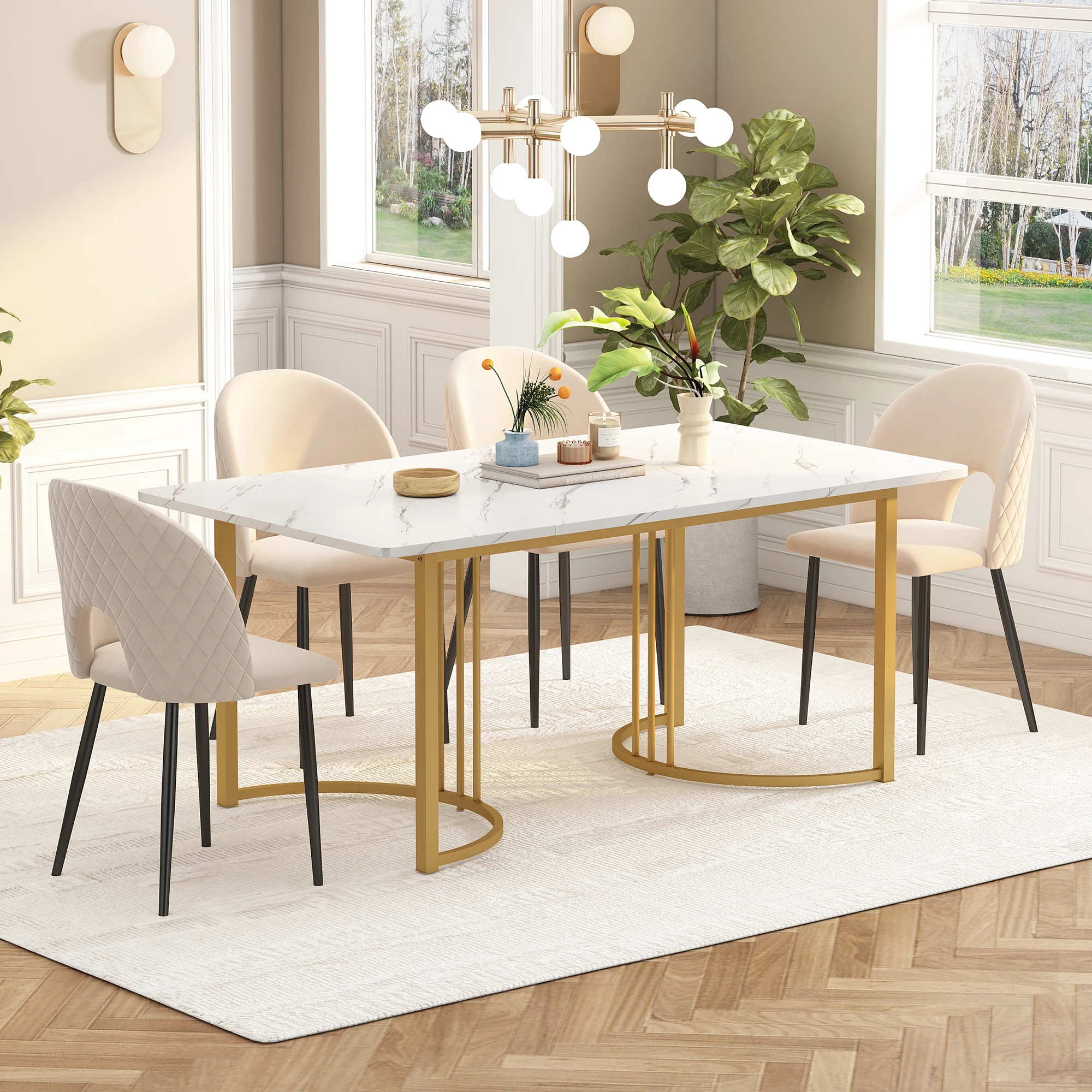 VSOGA-mesa de comedor con diseño moderno de mármol, pies ajustables, marco de Metal, para comedor y sala de estar, Blanco/dorado, 140x80 cm