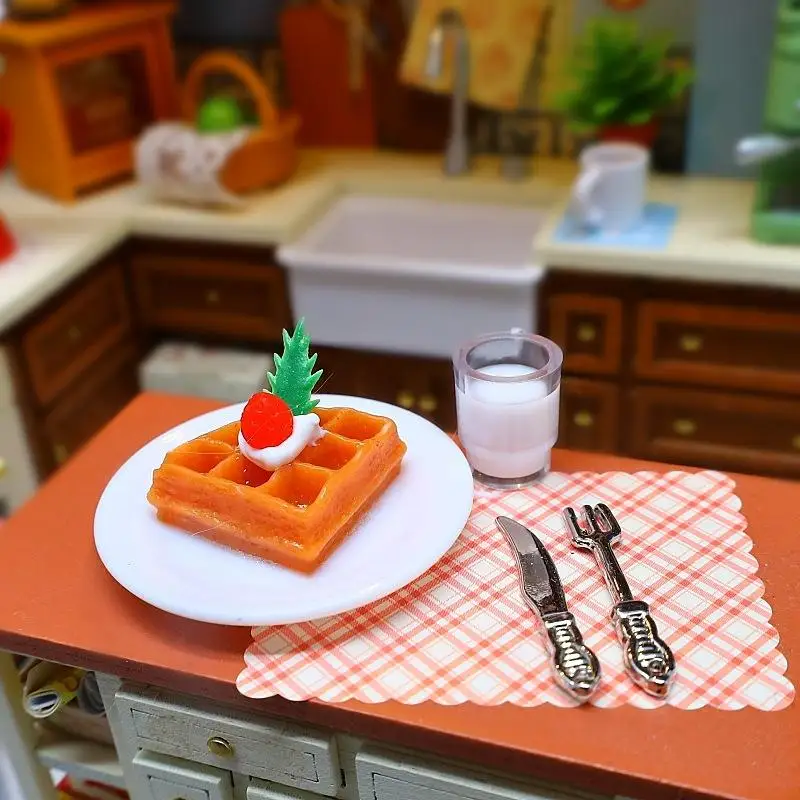 4 pçs casa de boneca mini cozinha waffle leite conjunto em miniatura artesanal comida brinquedo cena adereços com acessórios fingir jogar brinquedos