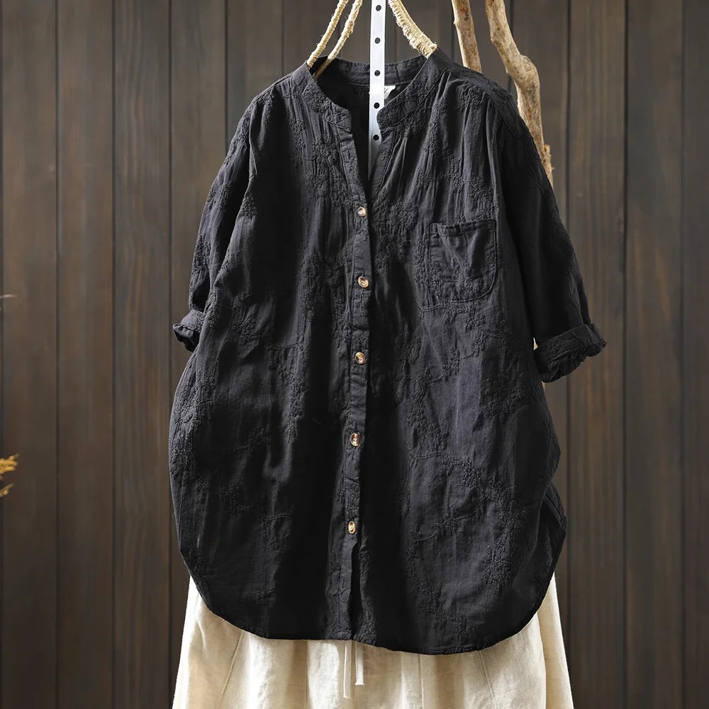 우아한 여성 셔츠 100% 면 V넥 블루 화이트 베이지 블랙 레이스 자수 셔츠 및 블라우스 여성용 반팔 탑