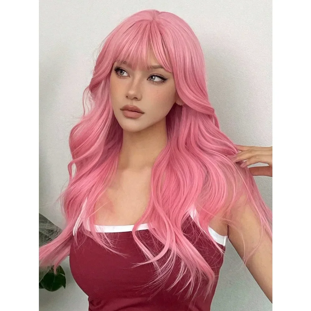 

1 Pieces Pink 26 Inch Long Curly Synthetic Wig With Bangs For Women Pink Hair Daily Cosplay Party Wigs For Daily Party Use Holiday Party Everyday Wear,Gifts For Women