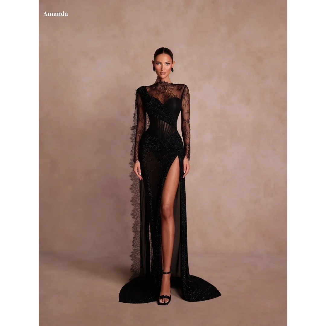 

Amanda Customized 2026 Black Prom Dress Sheer Lace Long Sleeve Formal Evening Gown vestidos de noche Floor Length Party Dress