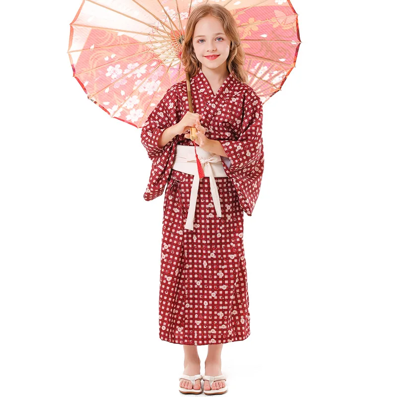 Ethnic Dance Performance Costumes, Japanese-style Travel Photography, Cardigan, Pajamas, Checkered Print, Kimono, Sash, Photo Sh