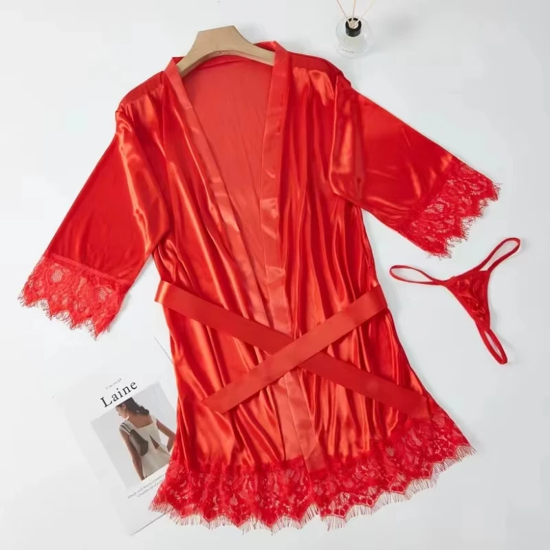 Women Ice Silk Pajamas Robes Sleepwear Nightgowns Nightdress Red Black L XL Lace Smooth Soft Comfortable Casual Pure Color