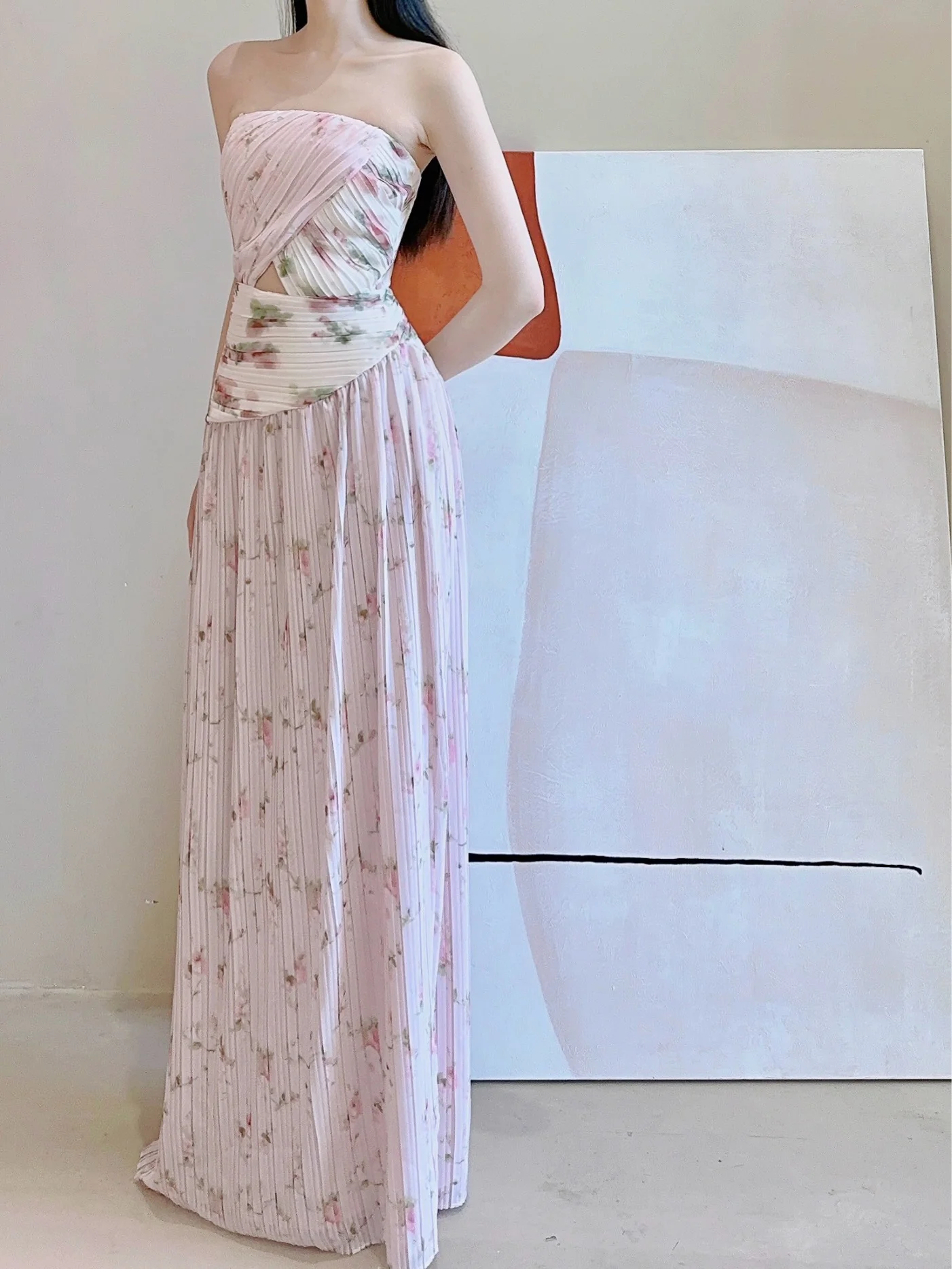 

Женское летнее платье с цветочным принтом, длинное, с высокой талией, с вырезами, для подружек невесты, 2025, элегантное, стройнящее