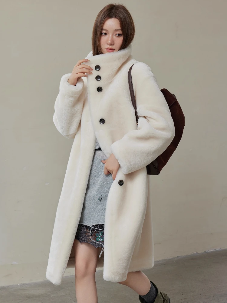 

High-end Luxury Merino Sheep Fur Winter Shearling Jackets Women Simple Stand Collar Elegant Long Genuine Leather Real Fur Coat