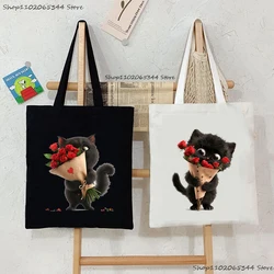 Creative Black Cats and Flower Pattern Tote Bags Women Cartoon Animal Canvas Shoulder Bags Funny Kitten Lover Shopping Handbags