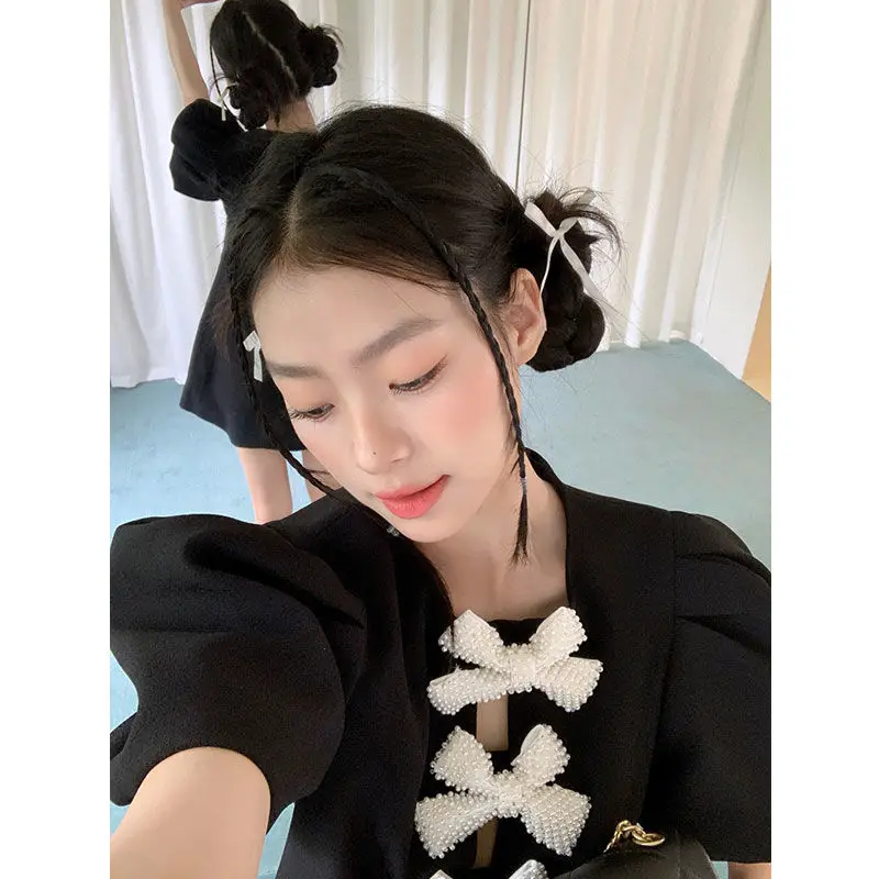 Korean Fashion Round Neck Heavy Industry Nail Bead Bow Bubble Sleeve Black Dress Playful and Cute Dresses Female Clothing