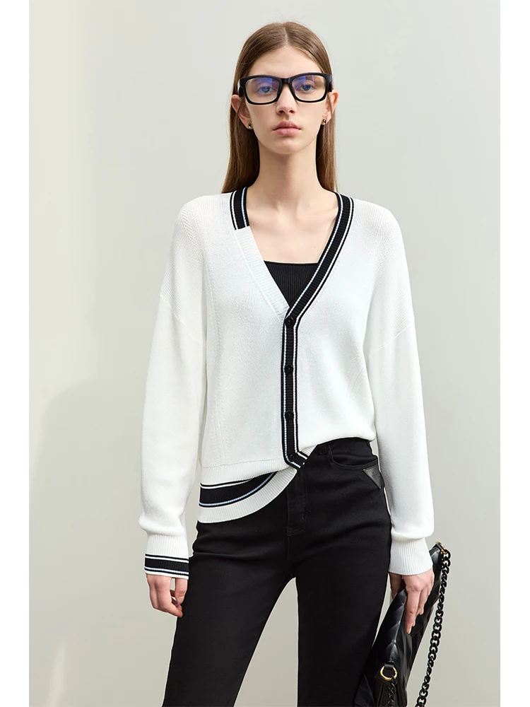 AMII Minimalism Cardigan For Women 2024 Spring New Commuter Casual Loose High Stretch V-neck Wool Spliced Lady Knitwear 12441122