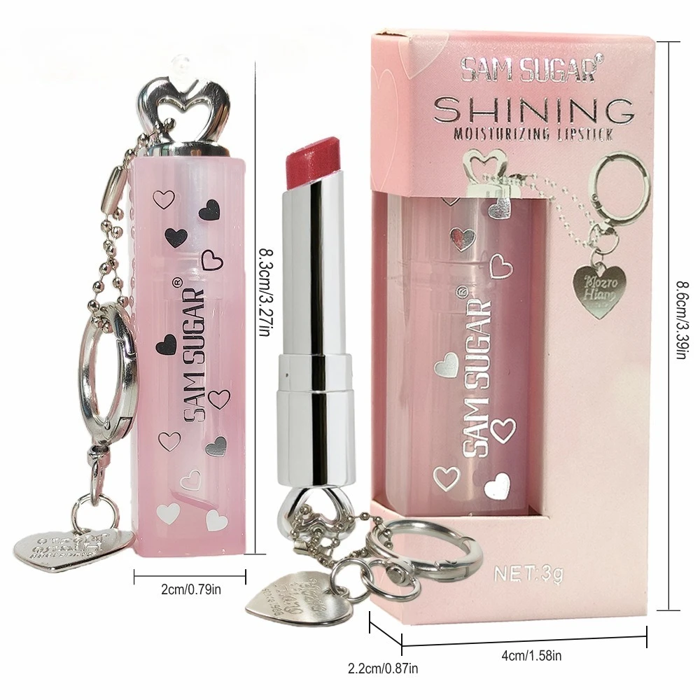 Lápiz labial en forma de corazón, diseño de llavero, acabado nacarado hidratante, bálsamo labial de larga duración y fácil de aplicar para un brillo instantáneo