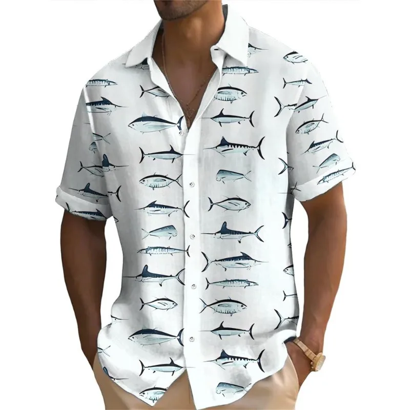 

Men's Short Sleeve Fish Print Casual Tops for Summer Seaside Vacation Travel Wear, Oversized Fashion Ocean Style