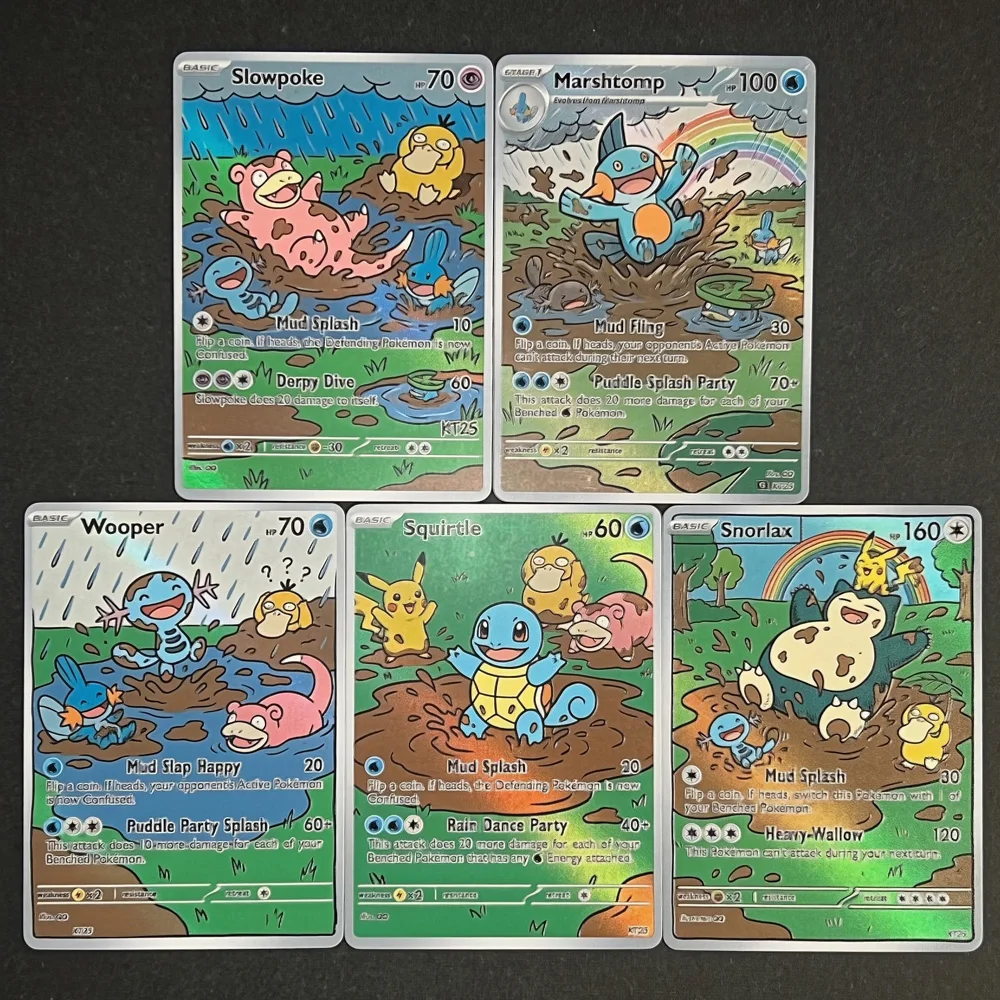 Tarjetas Pokémon PTCG estilo pintura al óleo, colección de tarjetas raras holográficas de Slowpoke, Marshtomp, Wooper, Squirtle, Snorlax, regalo Pokémon